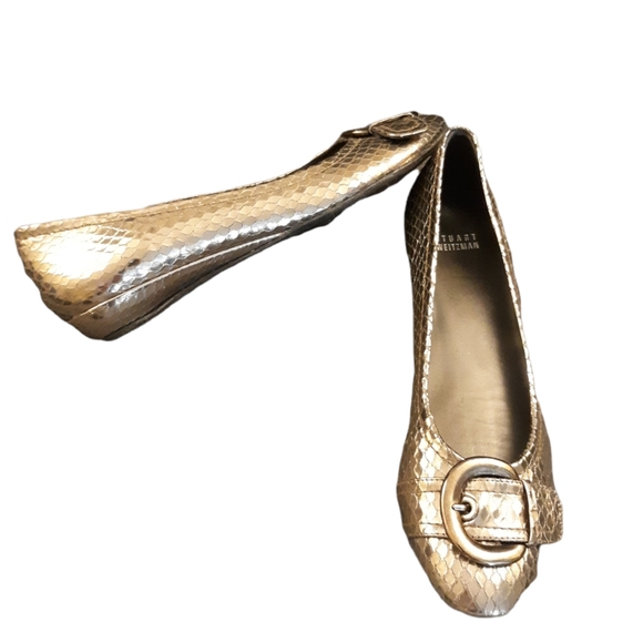 Stuart Weitzman Pewter Metallic Snake Embossed Leather Low Wedge Heels 9.5N - Picture 2 of 8